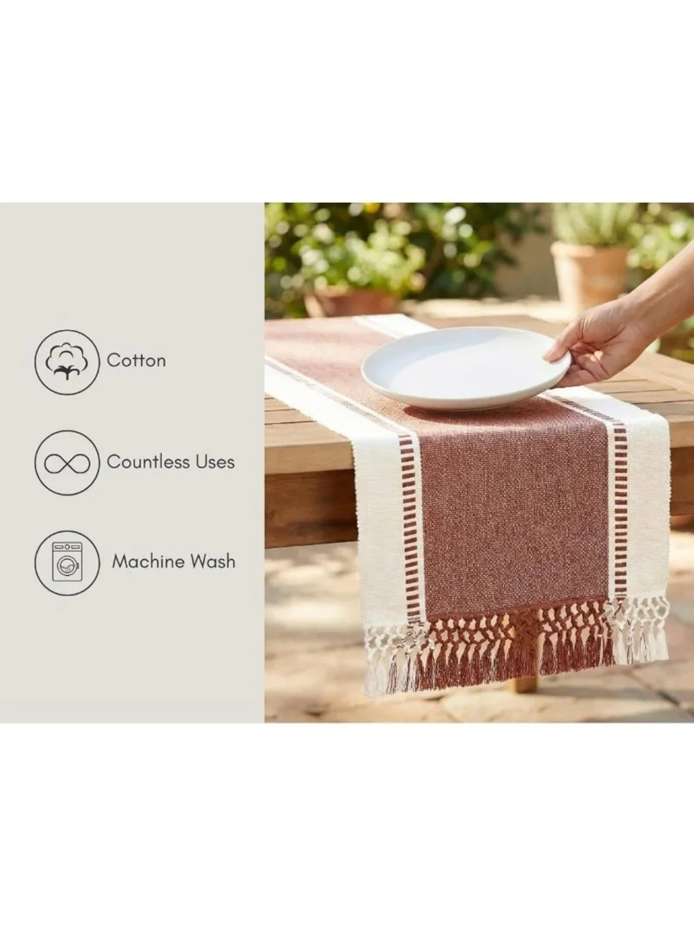 Rustic Table Runner - Wide Dobby Stripe, Heavy Ribbed Weave, Fringed 14x90